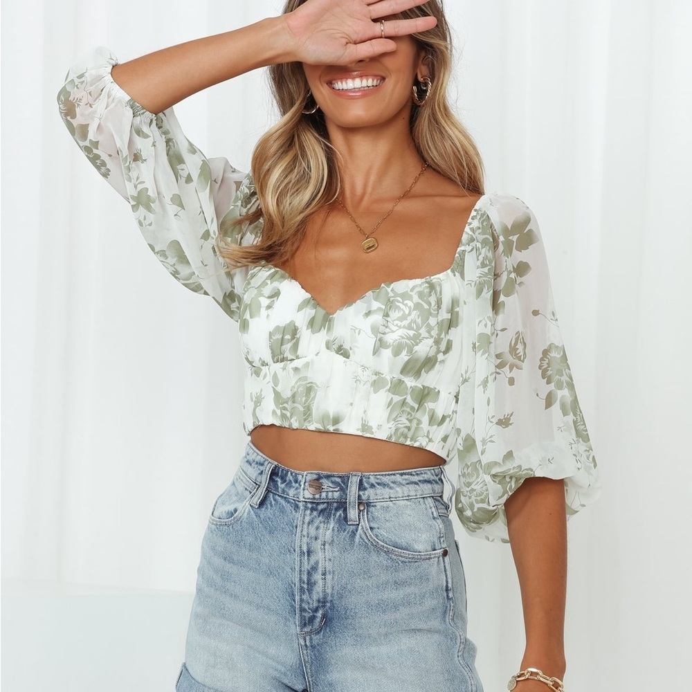 HELLO MOLLY Pretty Polly Green White Floral Tie Back Crop Top with Sleeves XS - Picture 8 of 9